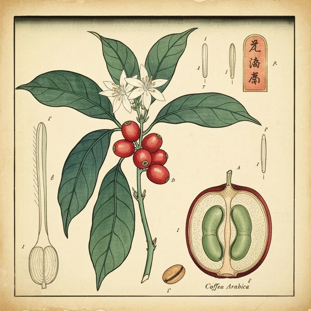 Botanical illustration of Coffea arabica plant with cherries, flowers, leaves, and bean cross-section