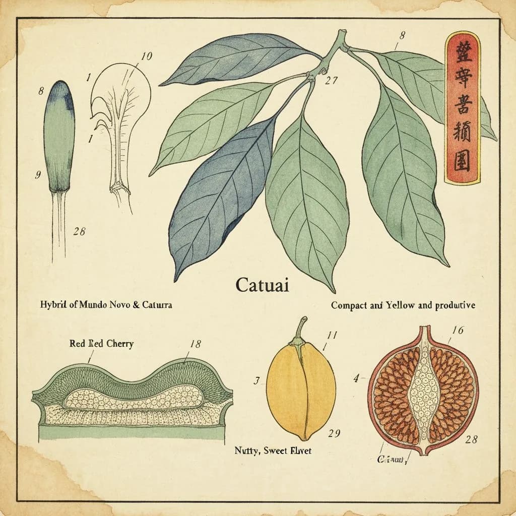 Botanical illustration of Catuai coffee variety, hybrid of Mundo Novo and Caturra
