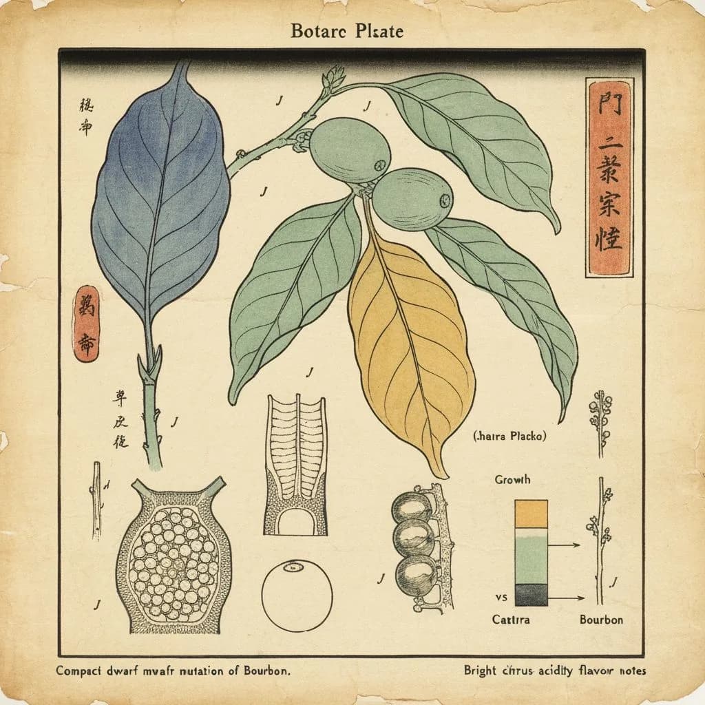 Botanical illustration of Caturra coffee variety, compact dwarf mutation of Bourbon