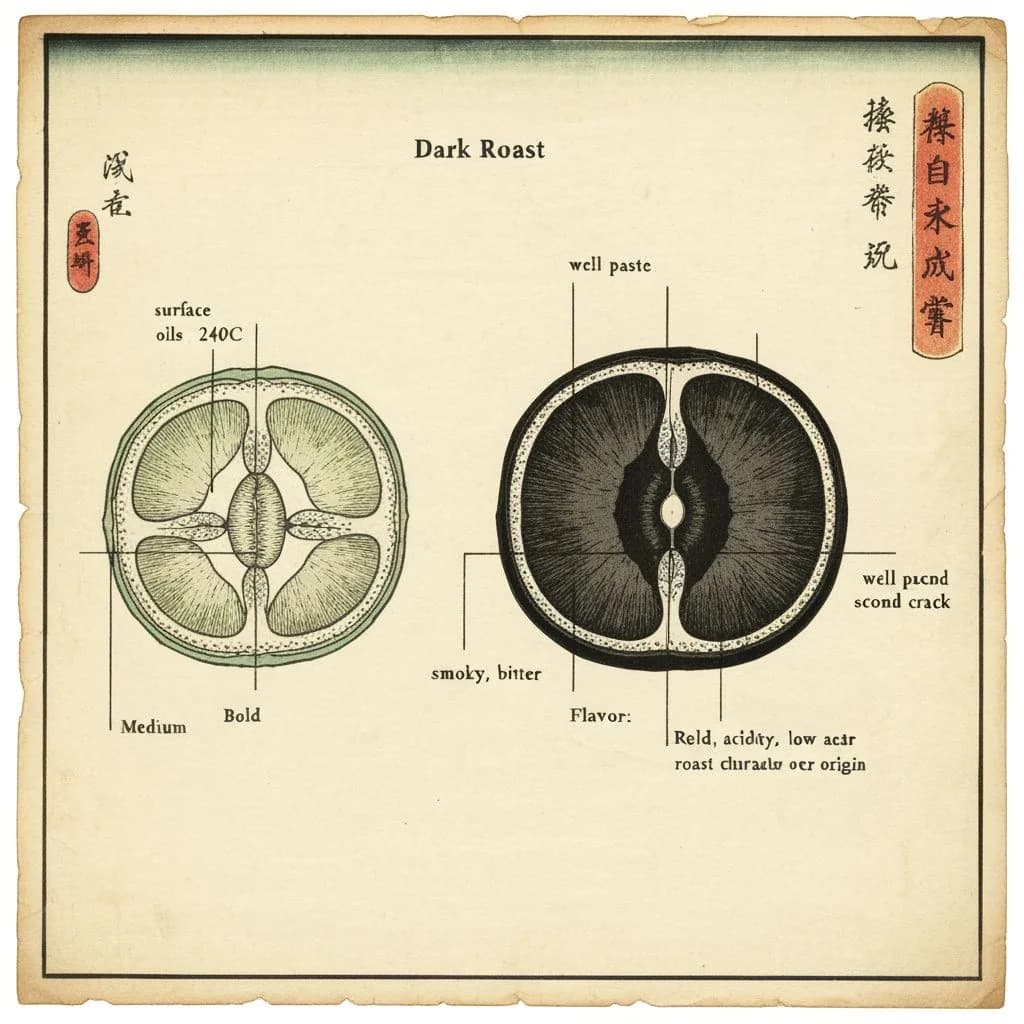 Diagram of dark roast coffee bean with visible surface oils and bold smoky character