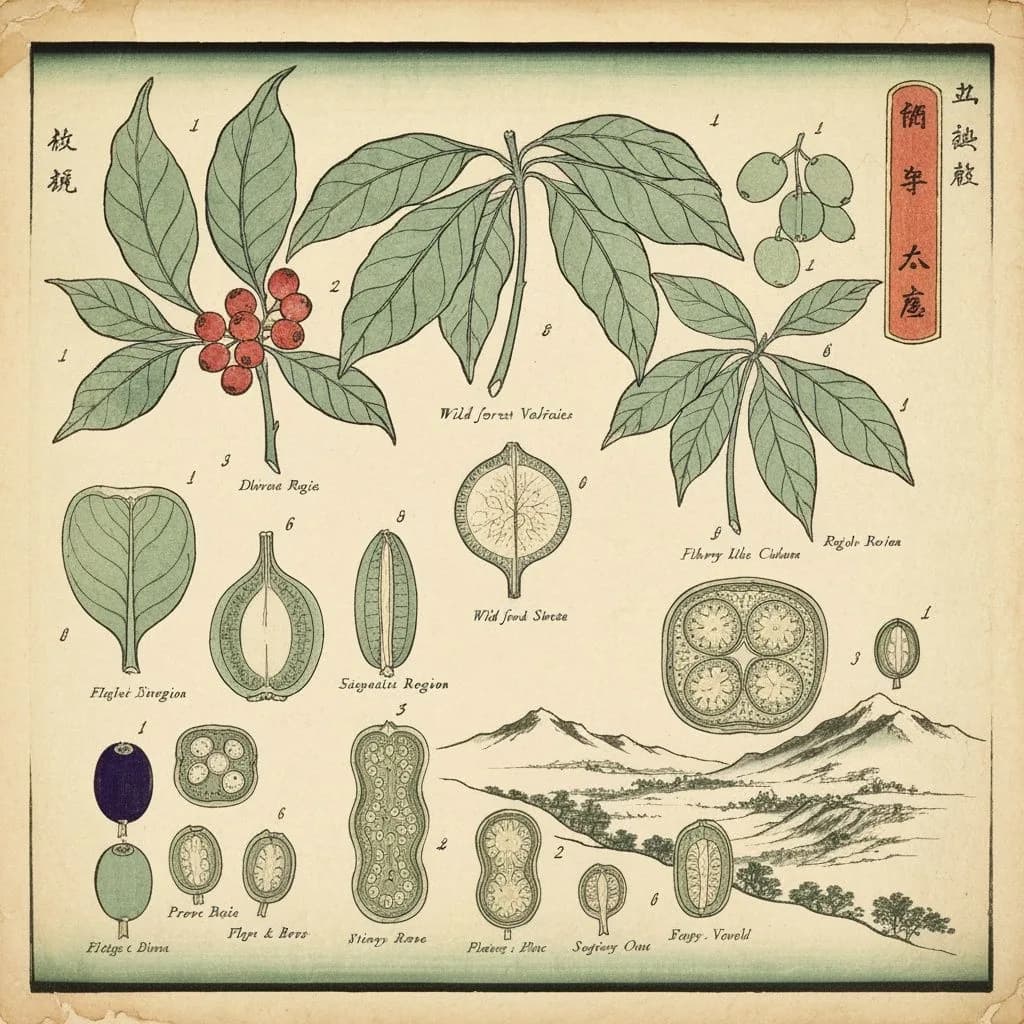 Botanical illustration of Ethiopian Heirloom coffee varieties from wild forest origins