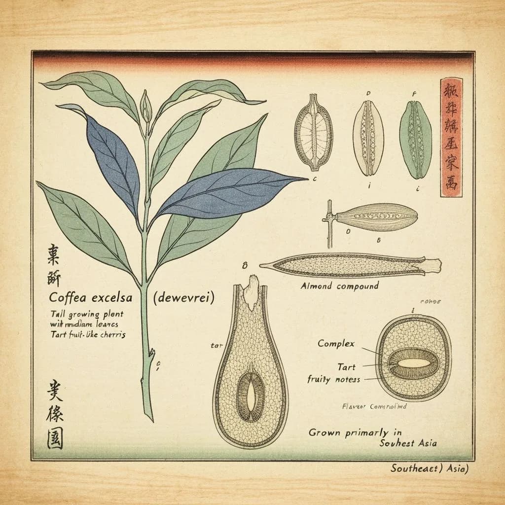 Botanical illustration of Coffea excelsa with tart fruit-like cherries and almond-shaped beans
