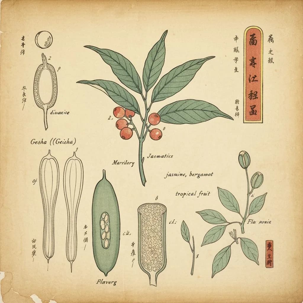 Botanical illustration of Gesha (Geisha) coffee variety with elongated leaves and prized beans