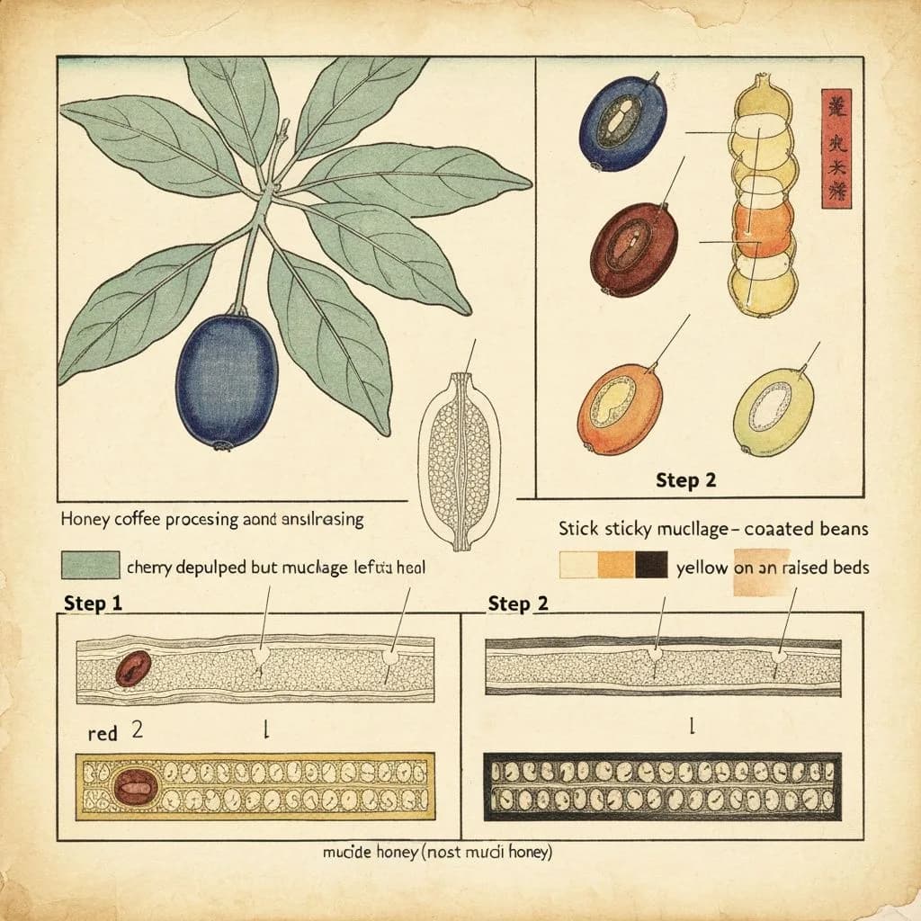 Diagram of honey coffee processing method showing mucilage levels from white to black honey