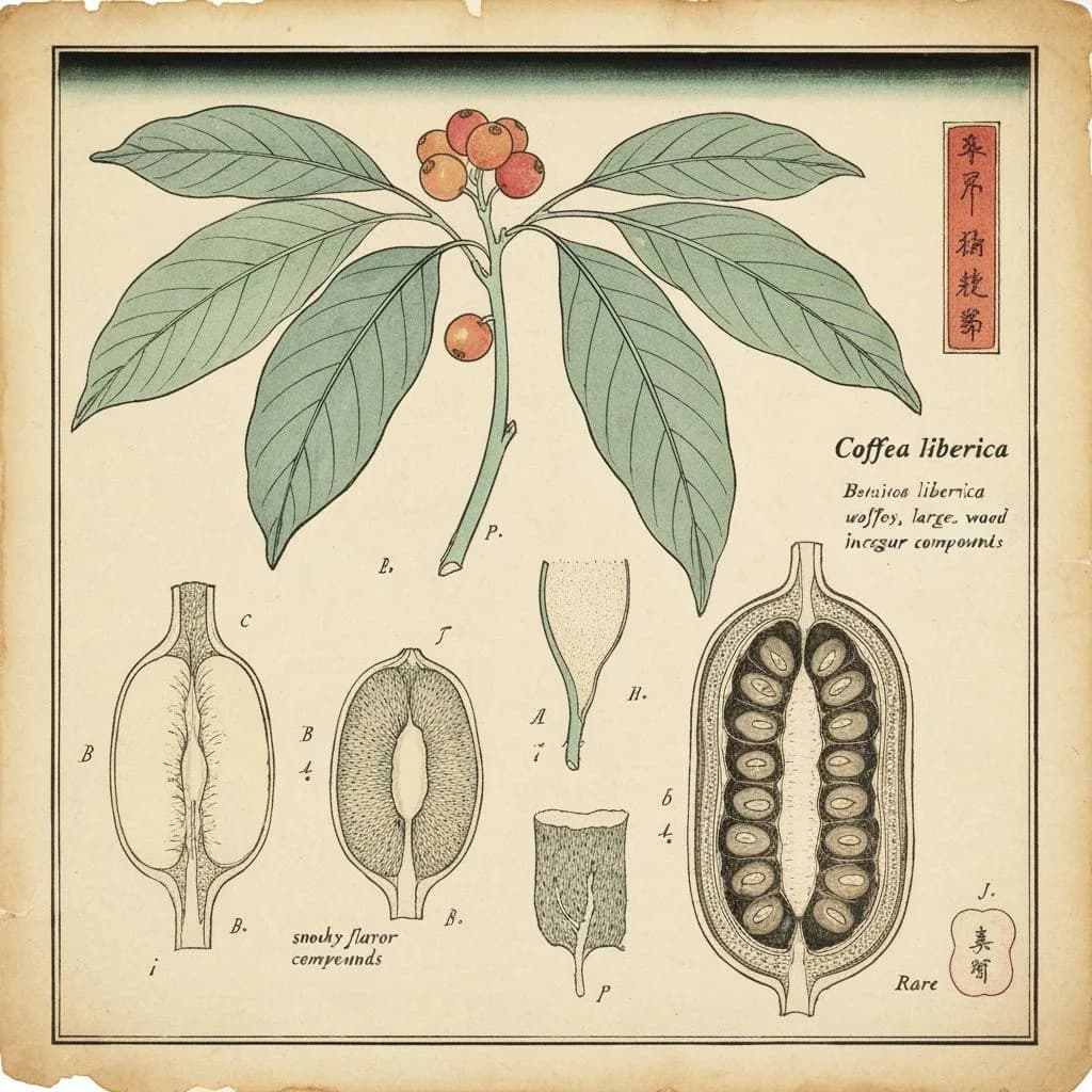 Botanical illustration of Coffea liberica with large asymmetric leaves and oversized cherries