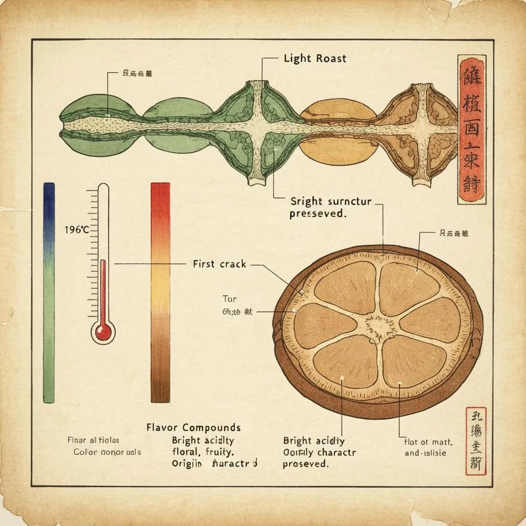 Diagram of light roast coffee bean at first crack showing preserved origin flavors
