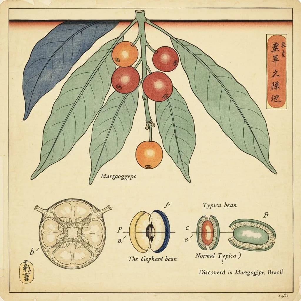 Botanical illustration of Maragogype elephant bean variety with oversized beans