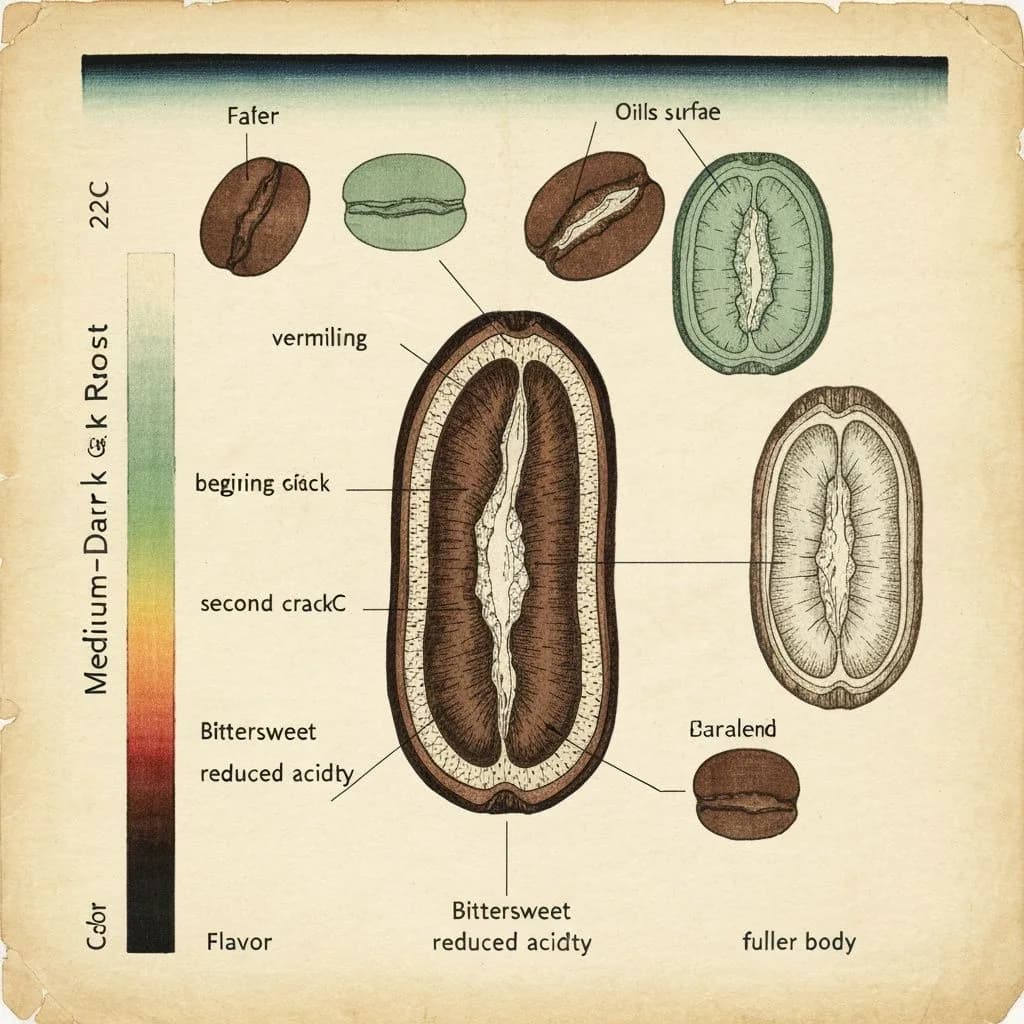 Diagram of medium-dark roast coffee bean with oils beginning to surface