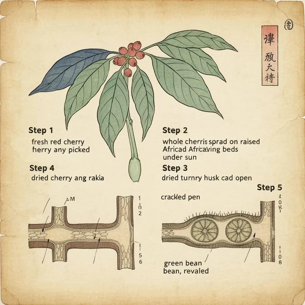 Diagram of natural dry coffee processing method showing cherry drying stages