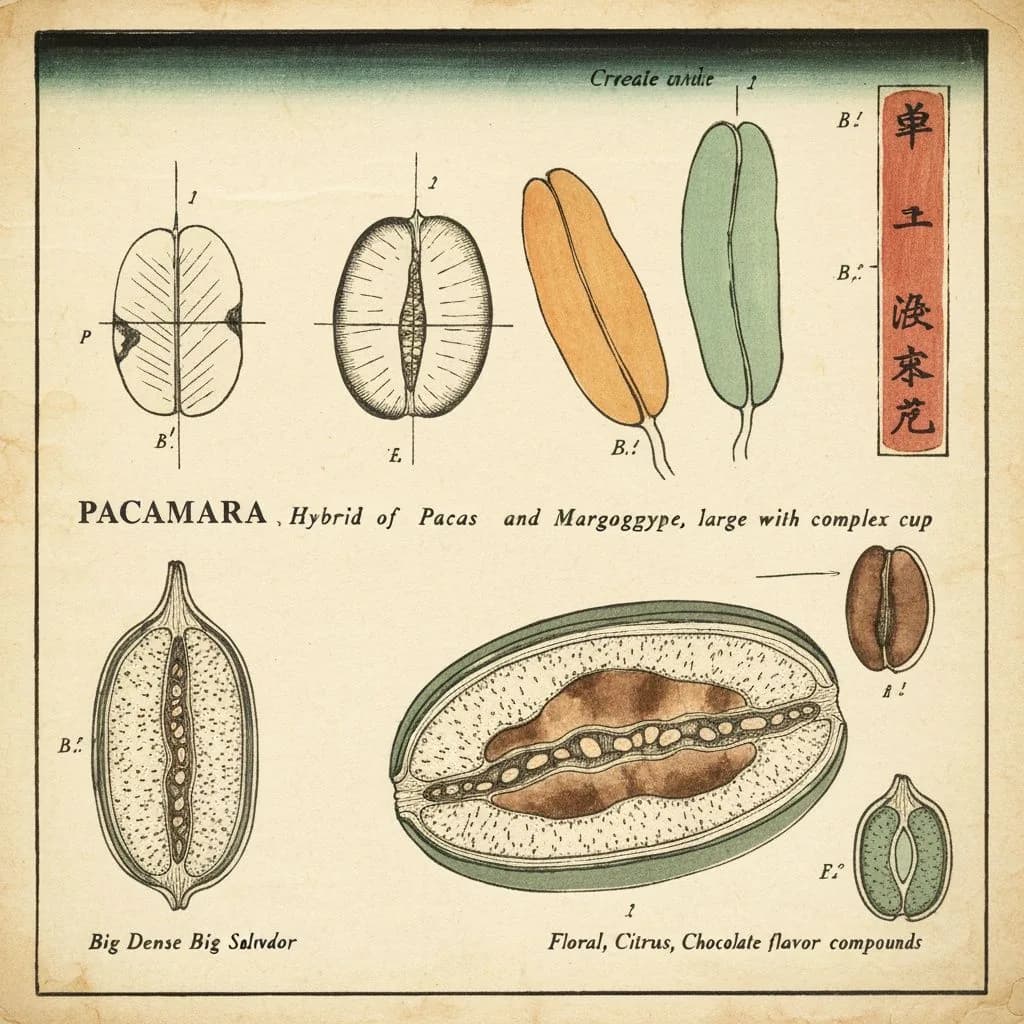Botanical illustration of Pacamara coffee variety, hybrid of Pacas and Maragogype