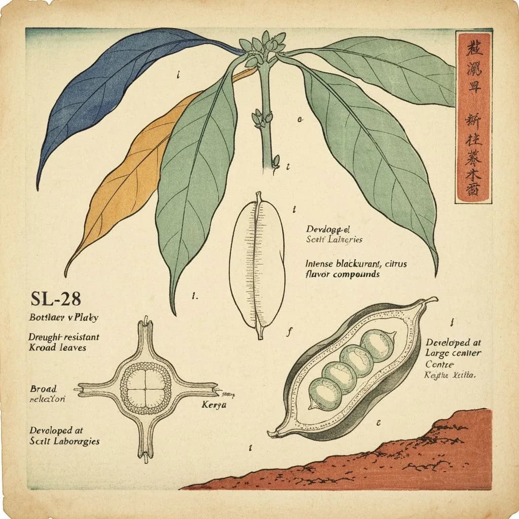 Botanical illustration of SL-28 coffee variety from Kenya with large cherries