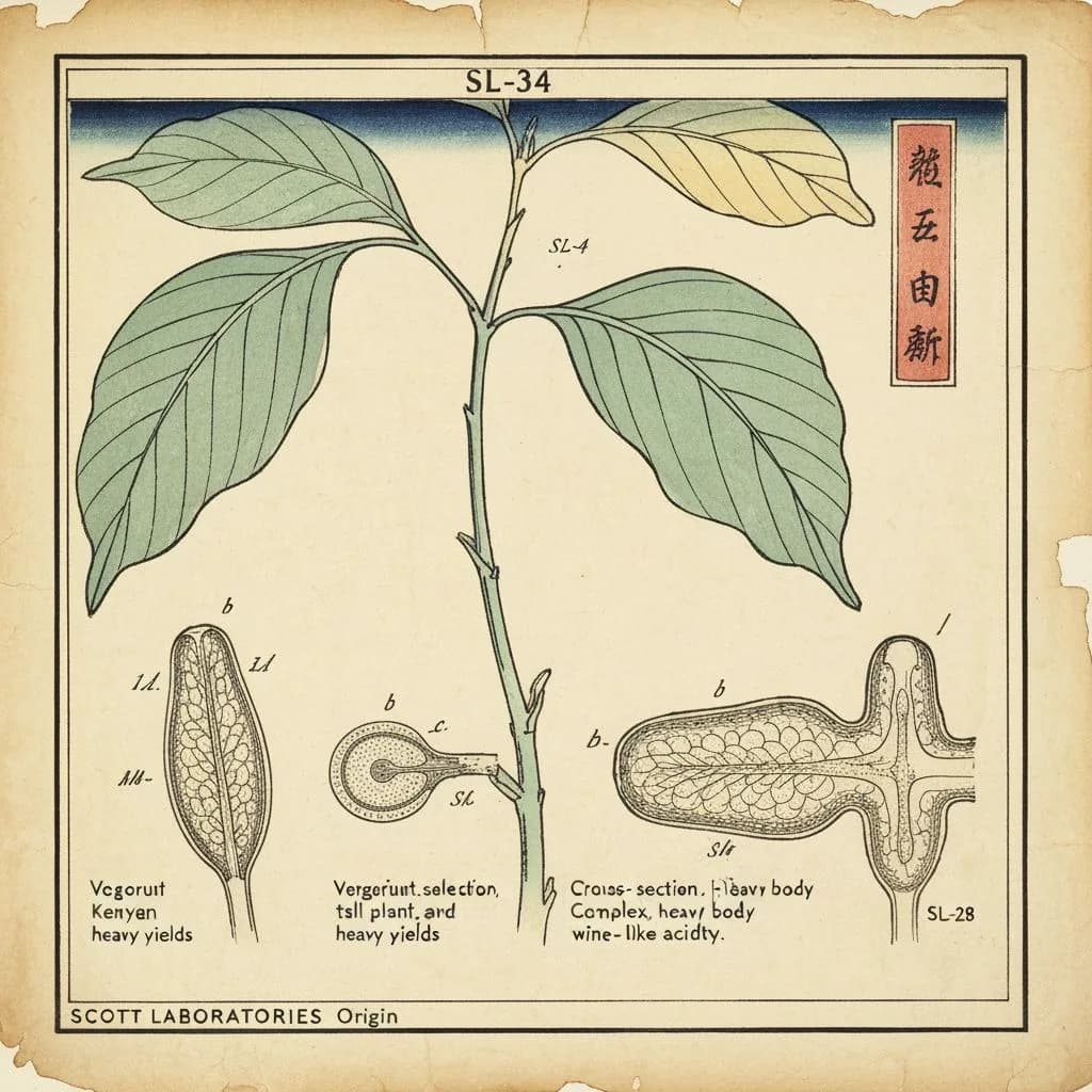 Botanical illustration of SL-34 coffee variety, vigorous Kenyan selection