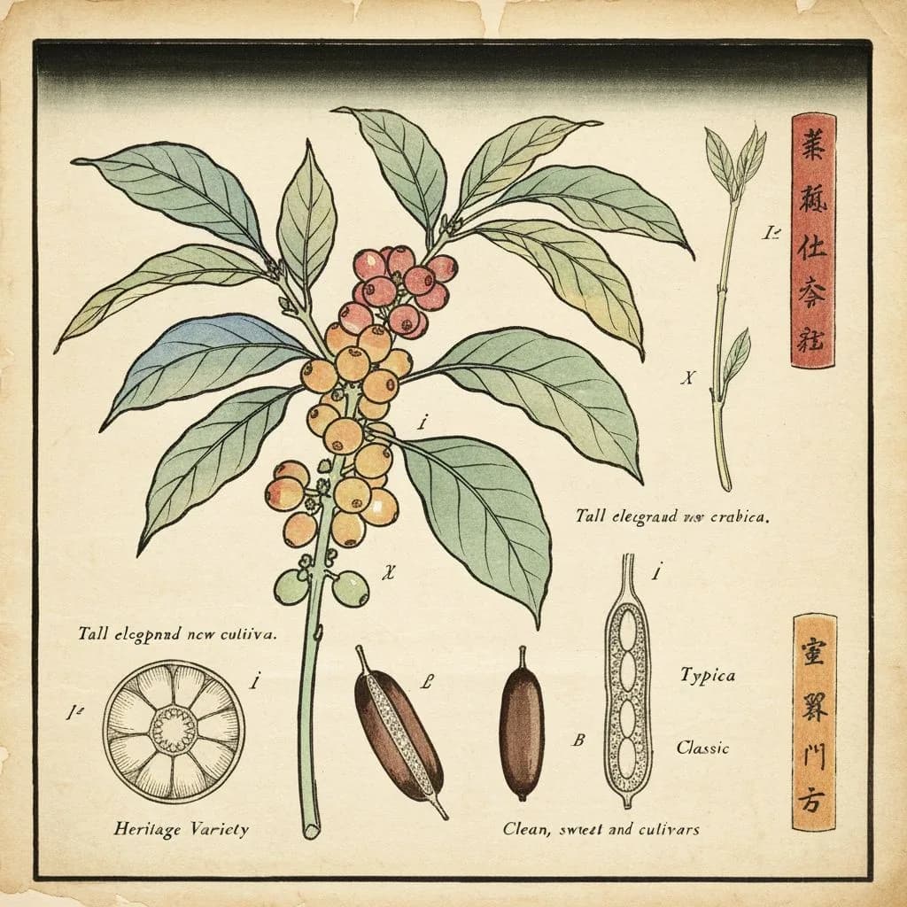 Botanical illustration of Typica coffee variety, the original Arabica cultivar