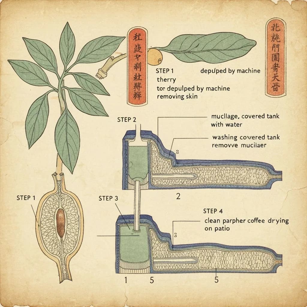 Diagram of washed wet coffee processing method showing depulping and fermentation stages