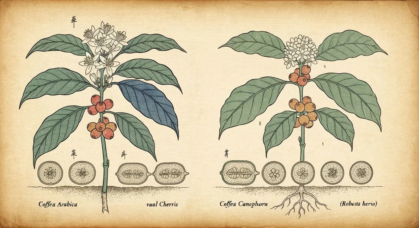 Botanical illustration comparing Arabica and Robusta coffee plants with detailed leaves, flowers, and bean cross-sections