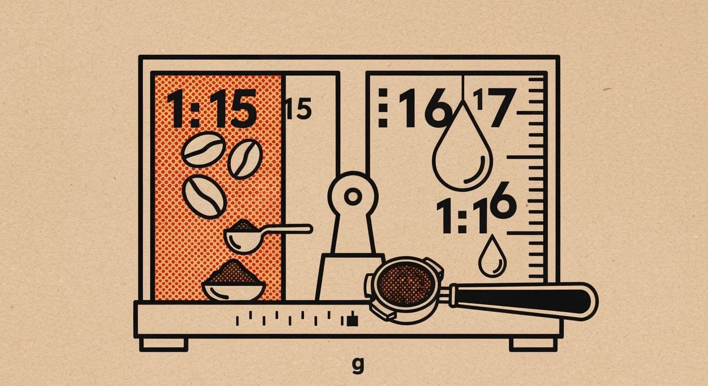 Screen print style illustration of a coffee brew ratio scale with beans, water, and ratio markings