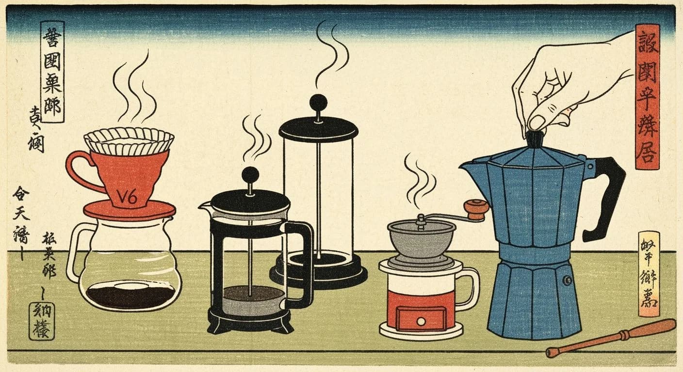 Japanese woodblock illustration of multiple coffee brewing methods including V60, French Press, AeroPress, and Moka pot