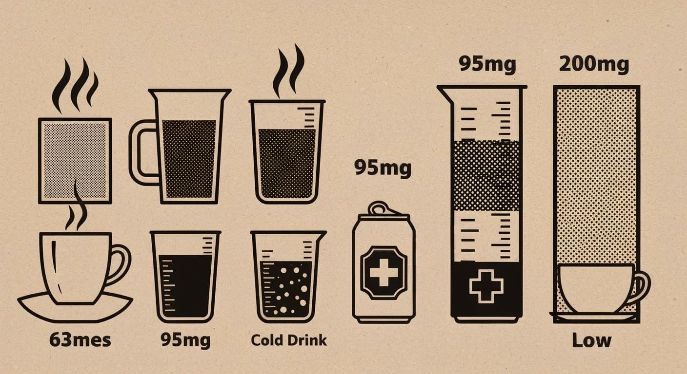 Screen print infographic comparing caffeine levels across espresso, drip coffee, cold brew, energy drinks, and tea