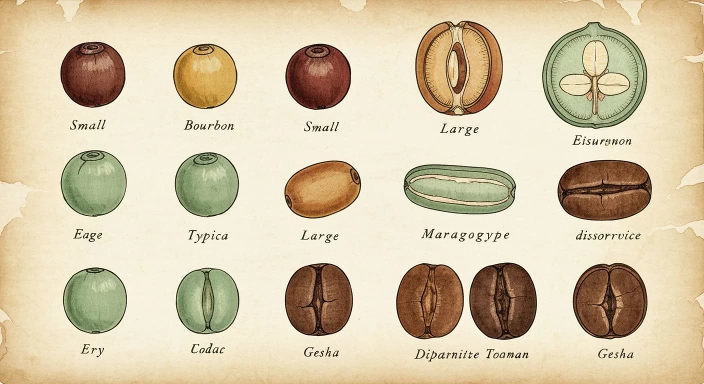 Botanical specimen plate showing different coffee bean varieties including Bourbon, Typica, Maragogype, and Gesha