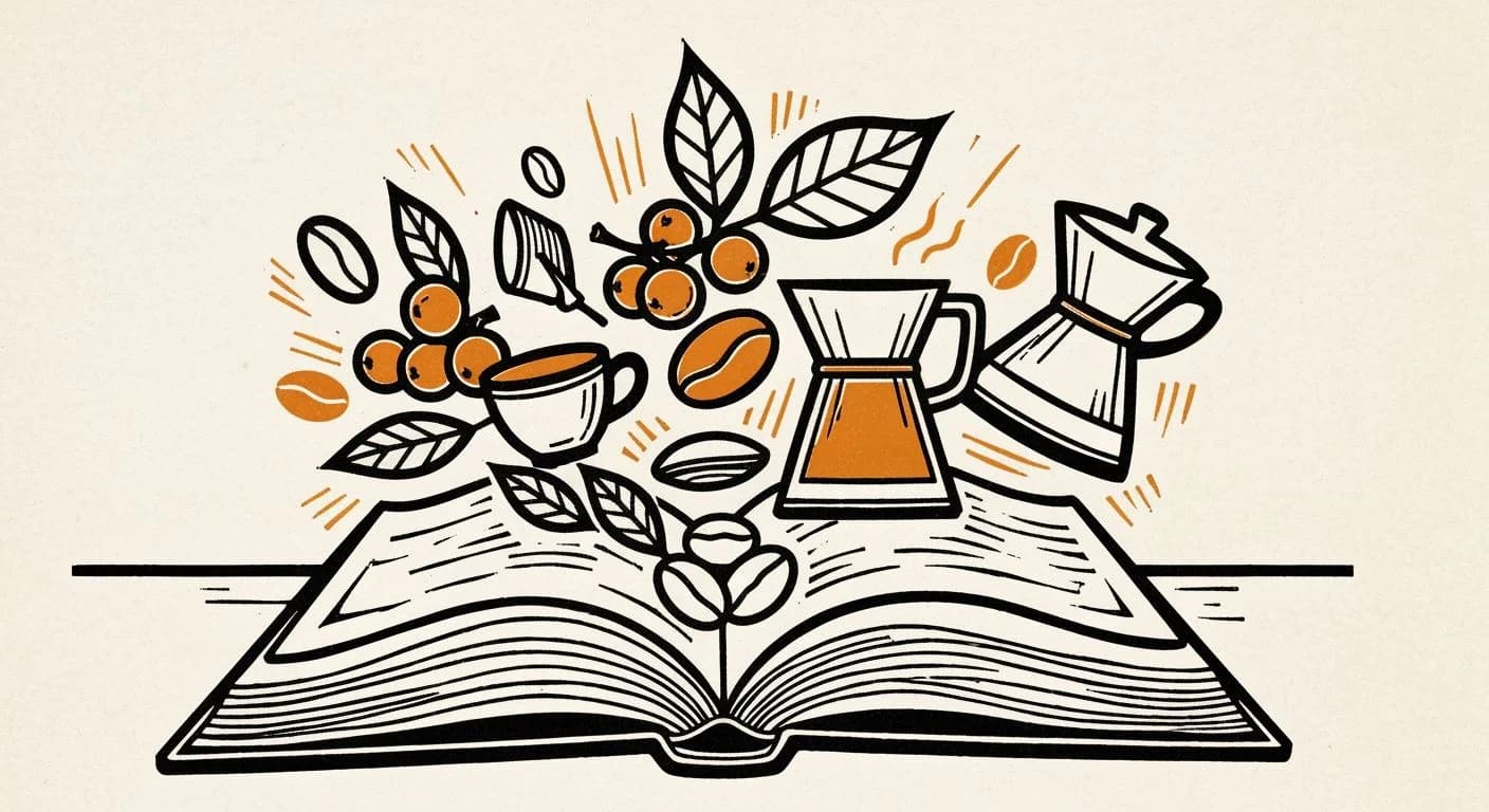 Linocut illustration of an open coffee encyclopedia with beans, leaves, cherries, and brewing equipment emerging from its pages