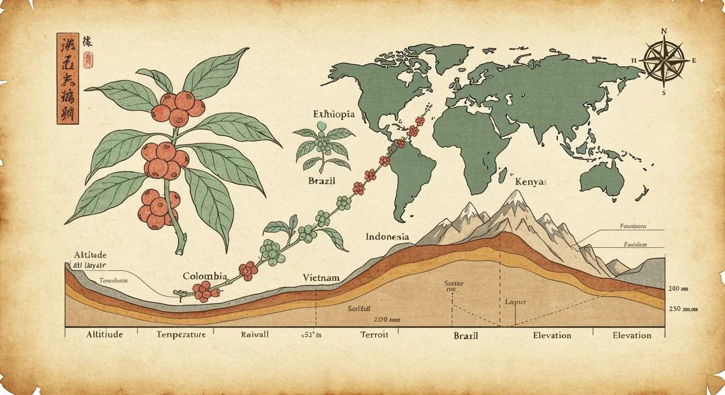 Botanical map illustration of world coffee origins along the equatorial belt with terrain cross-sections and climate indicators
