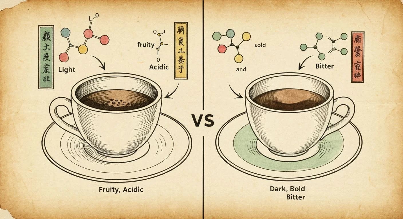 Botanical comparison diagram showing two coffee cups analyzed side by side with flavor molecule annotations