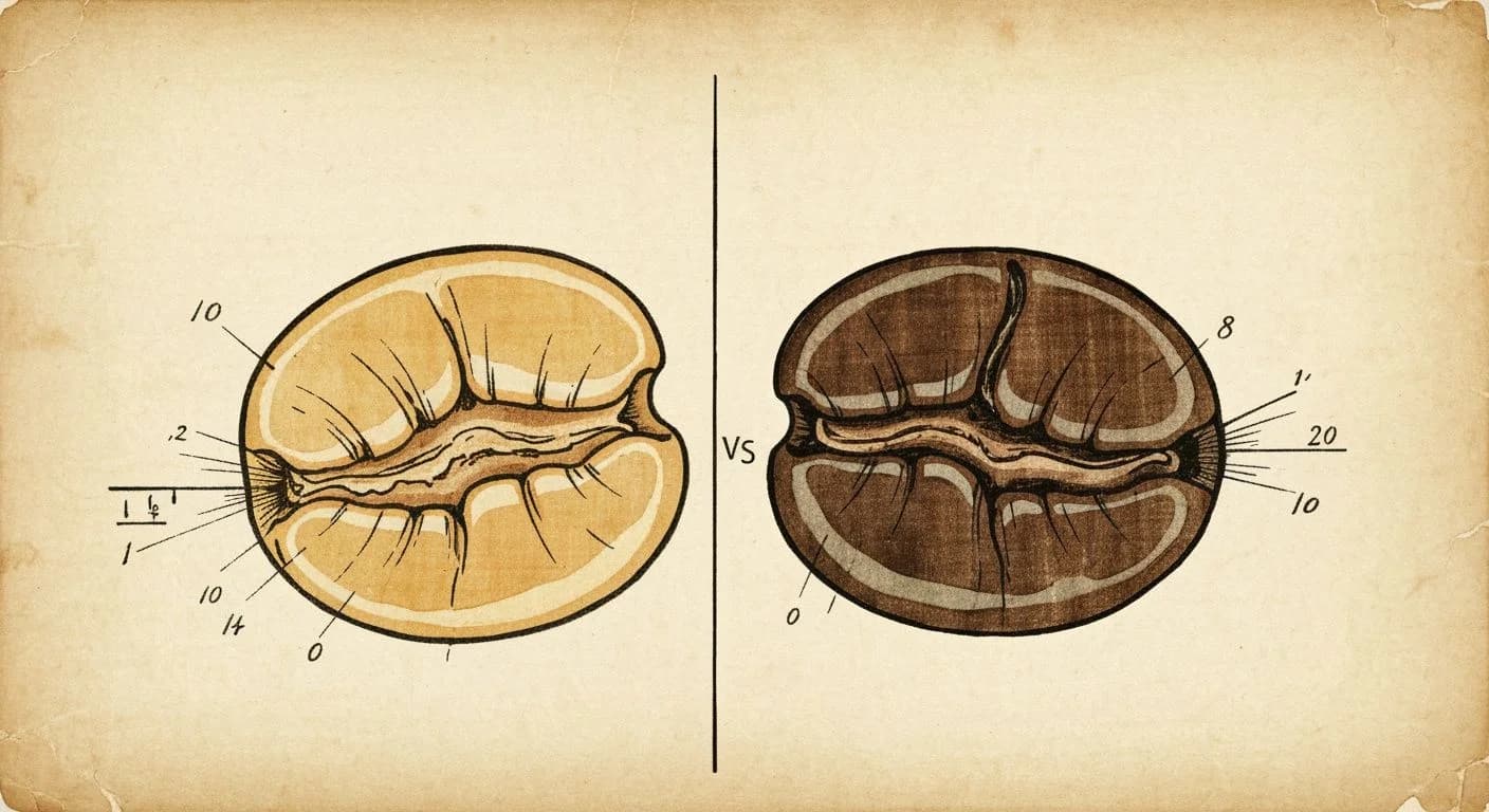 Botanical comparison illustration showing light and dark roasted coffee beans side by side with scientific annotations