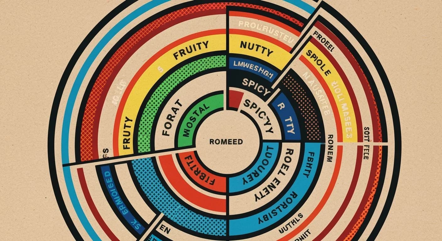 Screen print style coffee flavor wheel diagram with concentric circles showing tasting note categories from broad to specific