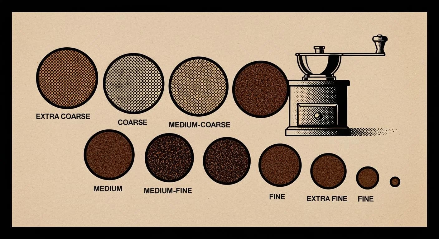 Screen print illustration showing seven coffee grind sizes from extra coarse to extra fine with a grinder