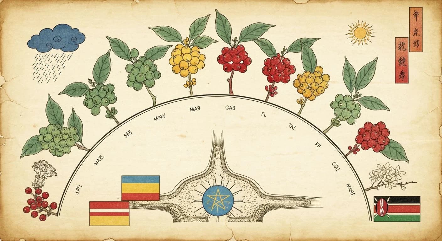 Botanical almanac illustration showing coffee harvest seasons by month with cherry ripeness stages and producing countries