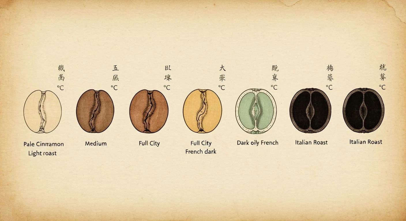 Botanical illustration showing coffee roast progression from light cinnamon to dark French roast with temperature annotations