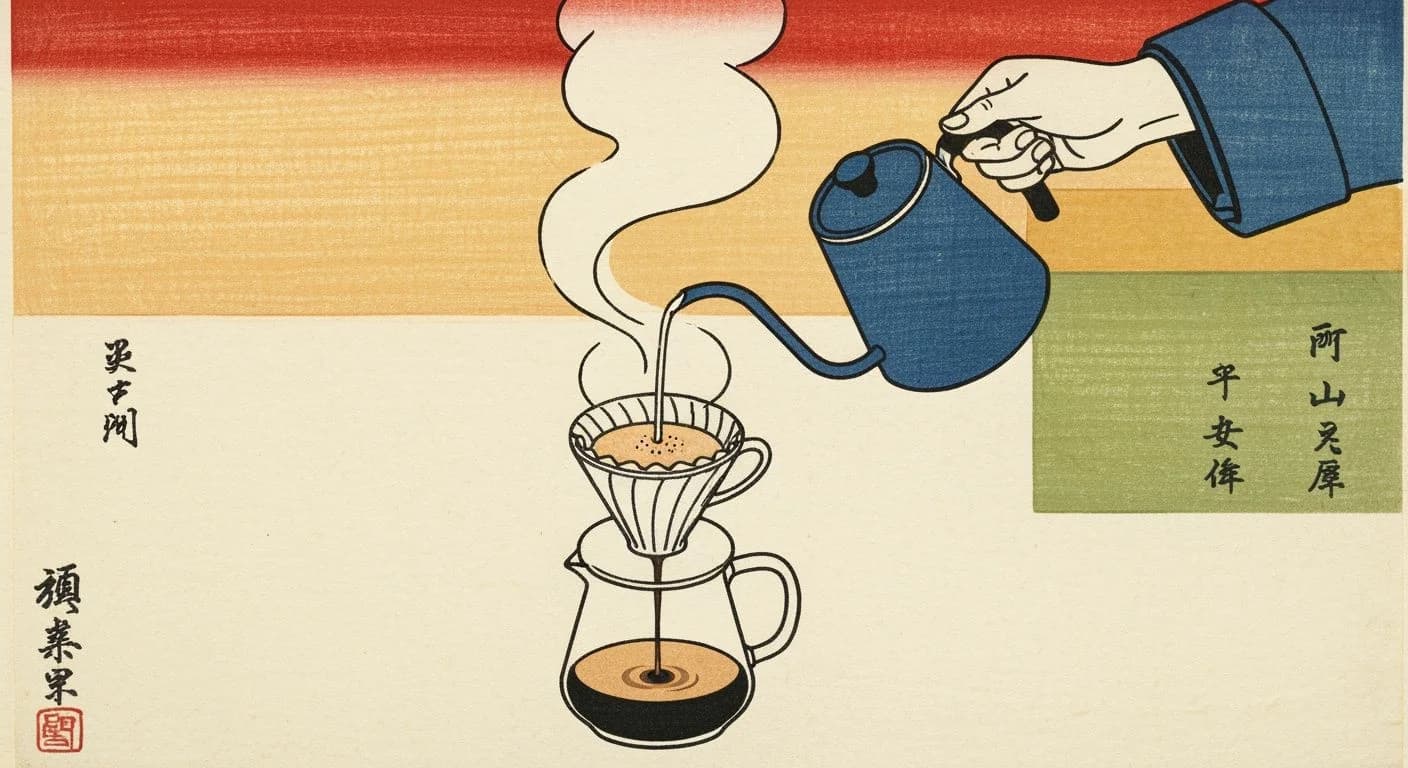 Japanese woodblock style illustration of pour-over coffee brewing with a gooseneck kettle and V60 dripper