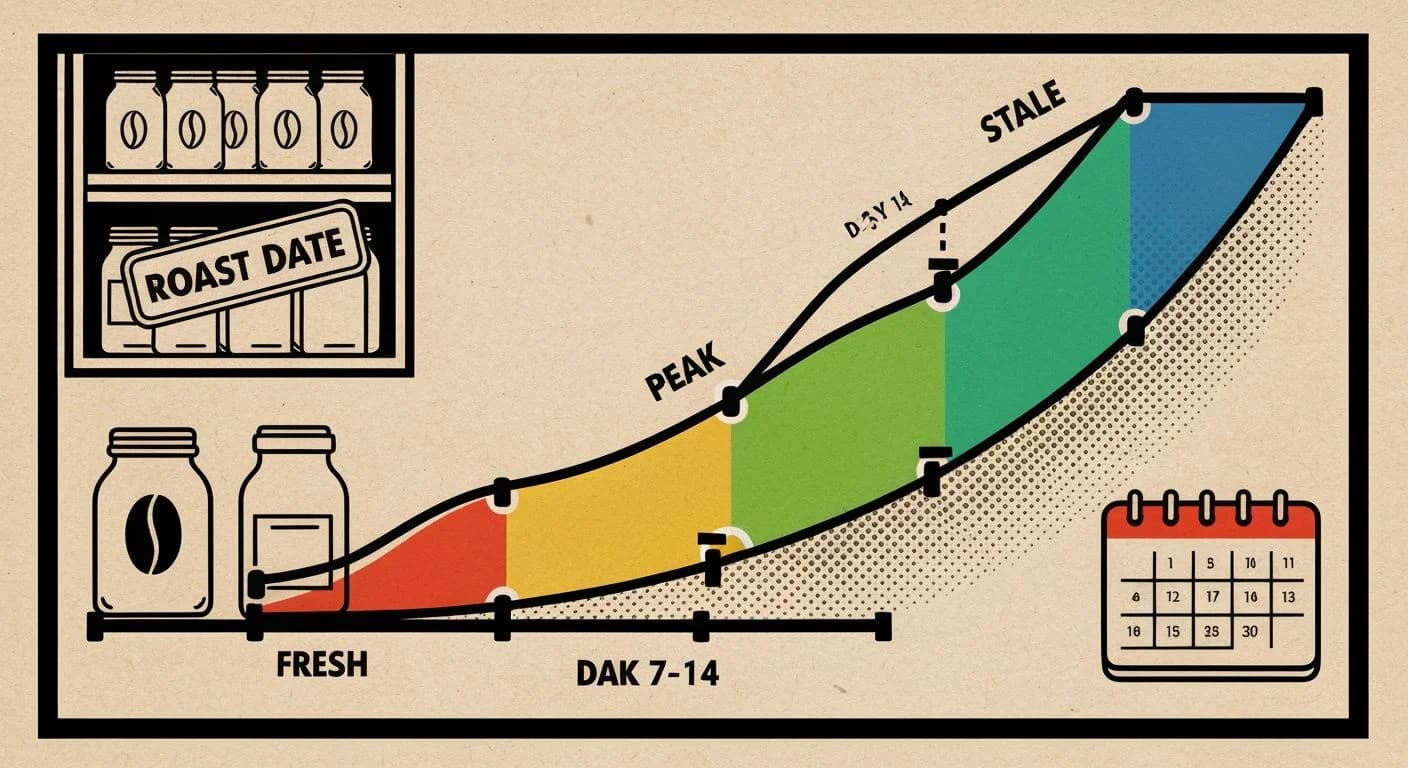 Screen print infographic showing coffee bean freshness timeline from roast date through peak to stale with storage icons