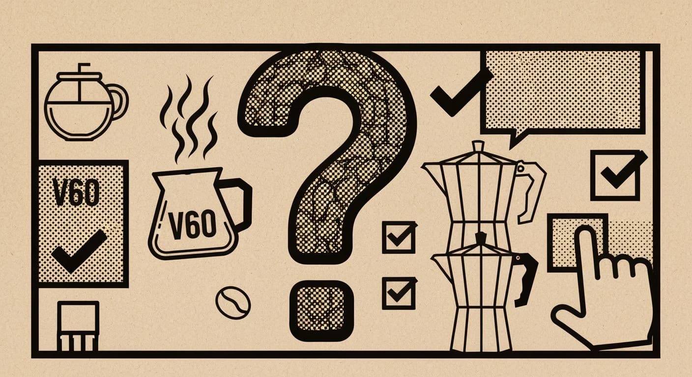 Screen print quiz poster with a coffee bean question mark surrounded by brewing method icons and multiple choice bubbles