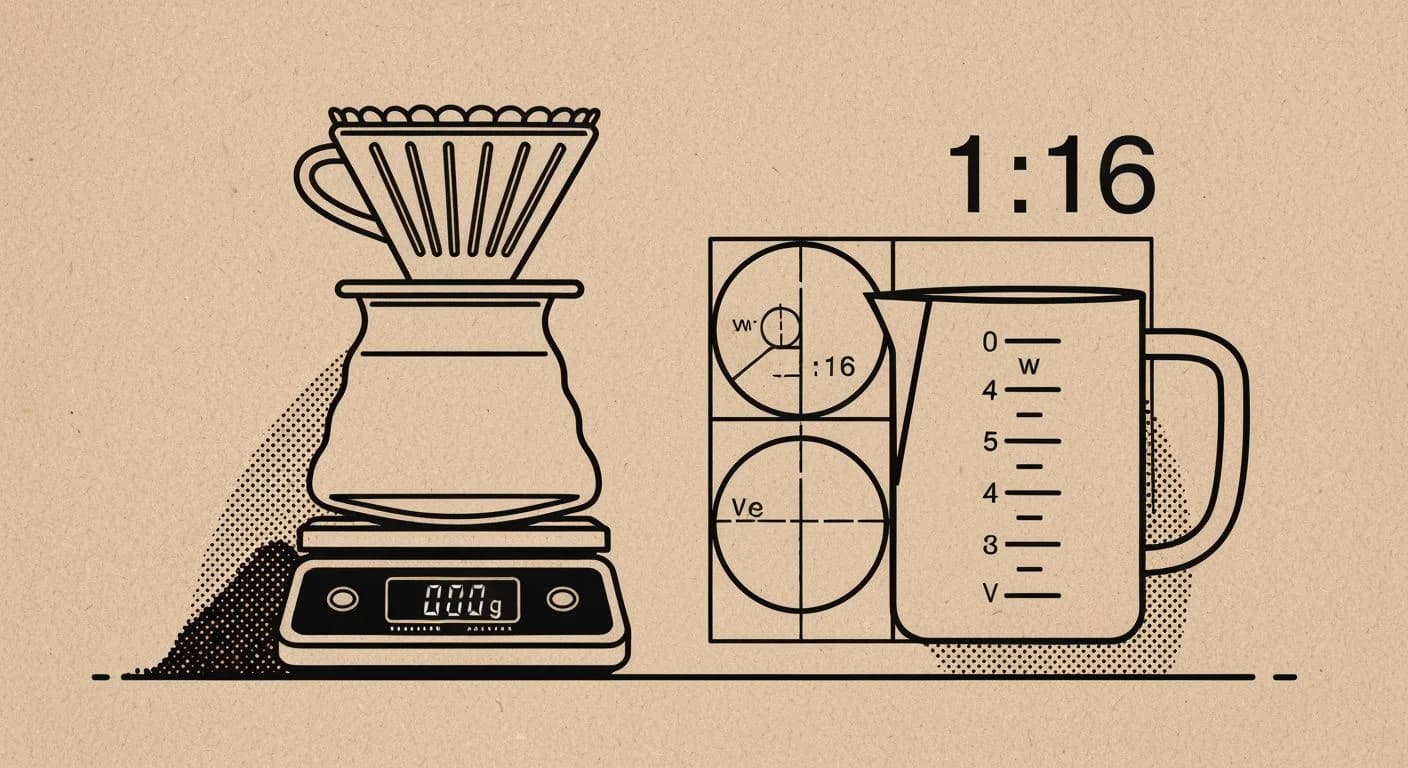 Screen print illustration of a coffee scale with V60, water pitcher, and the golden 1:16 brew ratio prominently displayed