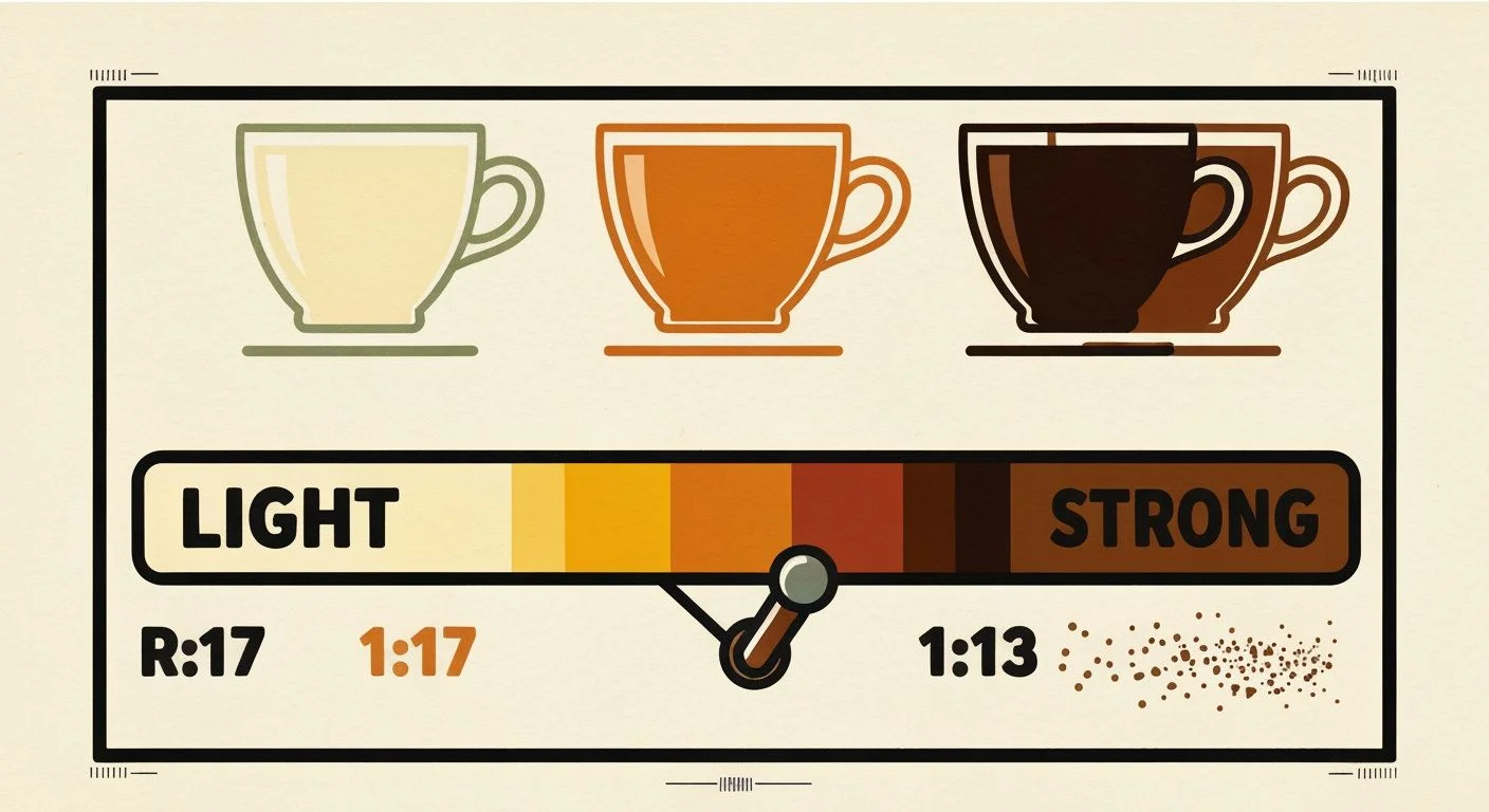 Screen print strength slider from light to strong with coffee ratio and grind recommendations