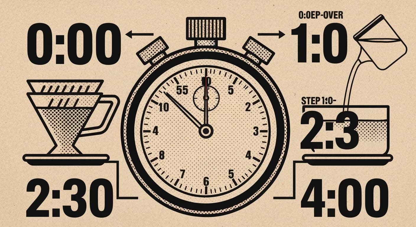 Screen print illustration of a coffee brew timer stopwatch with pour-over stages and countdown markers