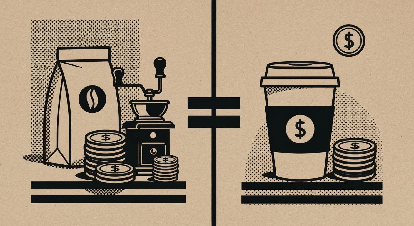 Screen print comparison of home brewing cost versus cafe coffee cost with equipment icons