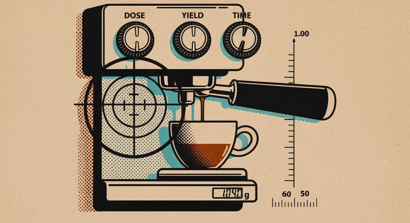 Screen print illustration of espresso dial-in process with portafilter, precision target overlay, and dose-yield-time dials