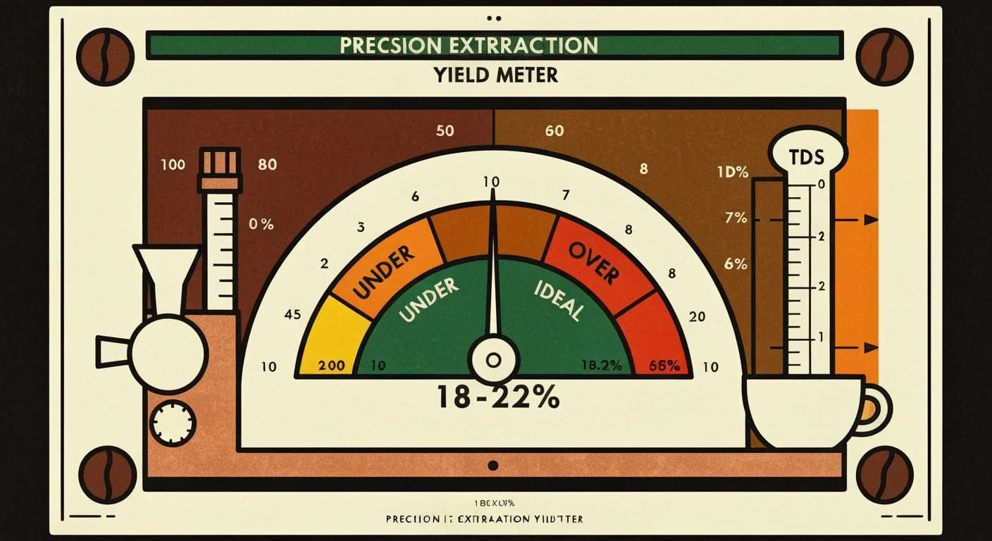 Screen print extraction yield gauge showing under, ideal, and over zones with a refractometer illustration