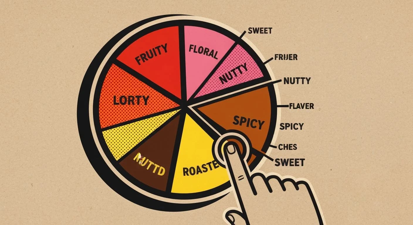 Screen print interactive coffee flavor wheel with a pointer selecting a segment and sub-flavors branching outward