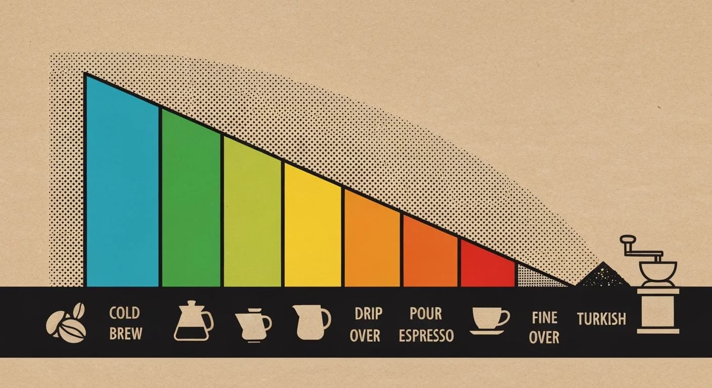 Screen print grind size reference chart showing particle sizes from coarse to fine matched to brewing methods