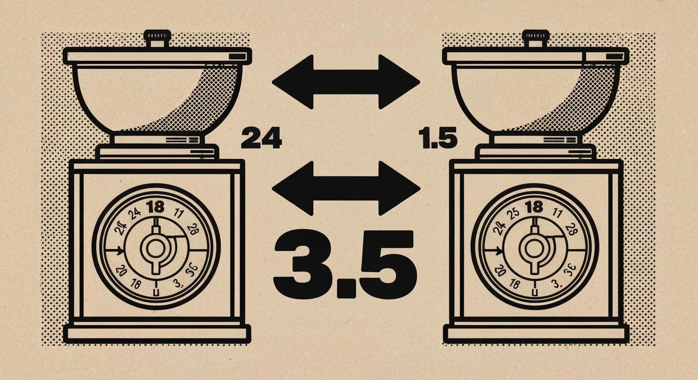 Screen print illustration of two coffee grinders with settings being translated between them via arrows and numbers