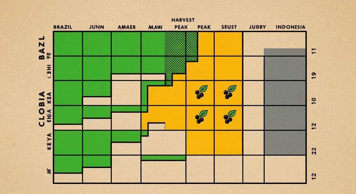 Screen print harvest calendar grid showing 12 months of coffee seasons across five major producing countries